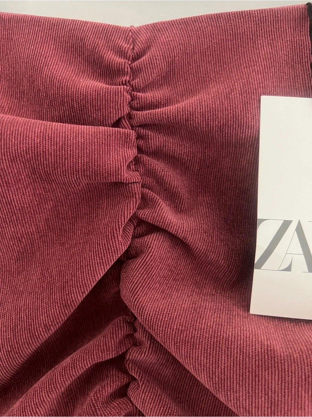 NWT Zara Draped Ruched Corduroy Mini Skirt in Burgundy Medium